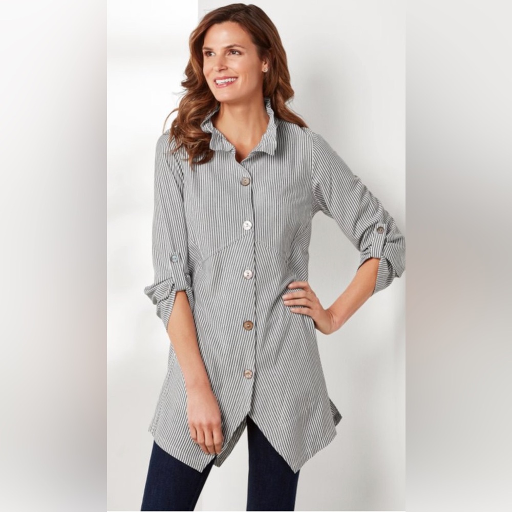 SOFT SURROUNDINGS Sasha White & Blue Gray Striped Button Up Tunic Top Petites XS